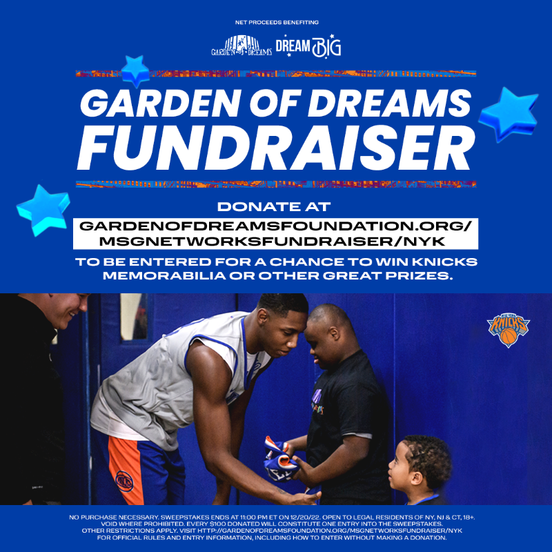 nyknicks's tweet photo. Donate to the @gardenofdreams fundraiser, which will help provide life-changing opportunities to young people in need, and you'll be entered to win Knicks memorabilia.