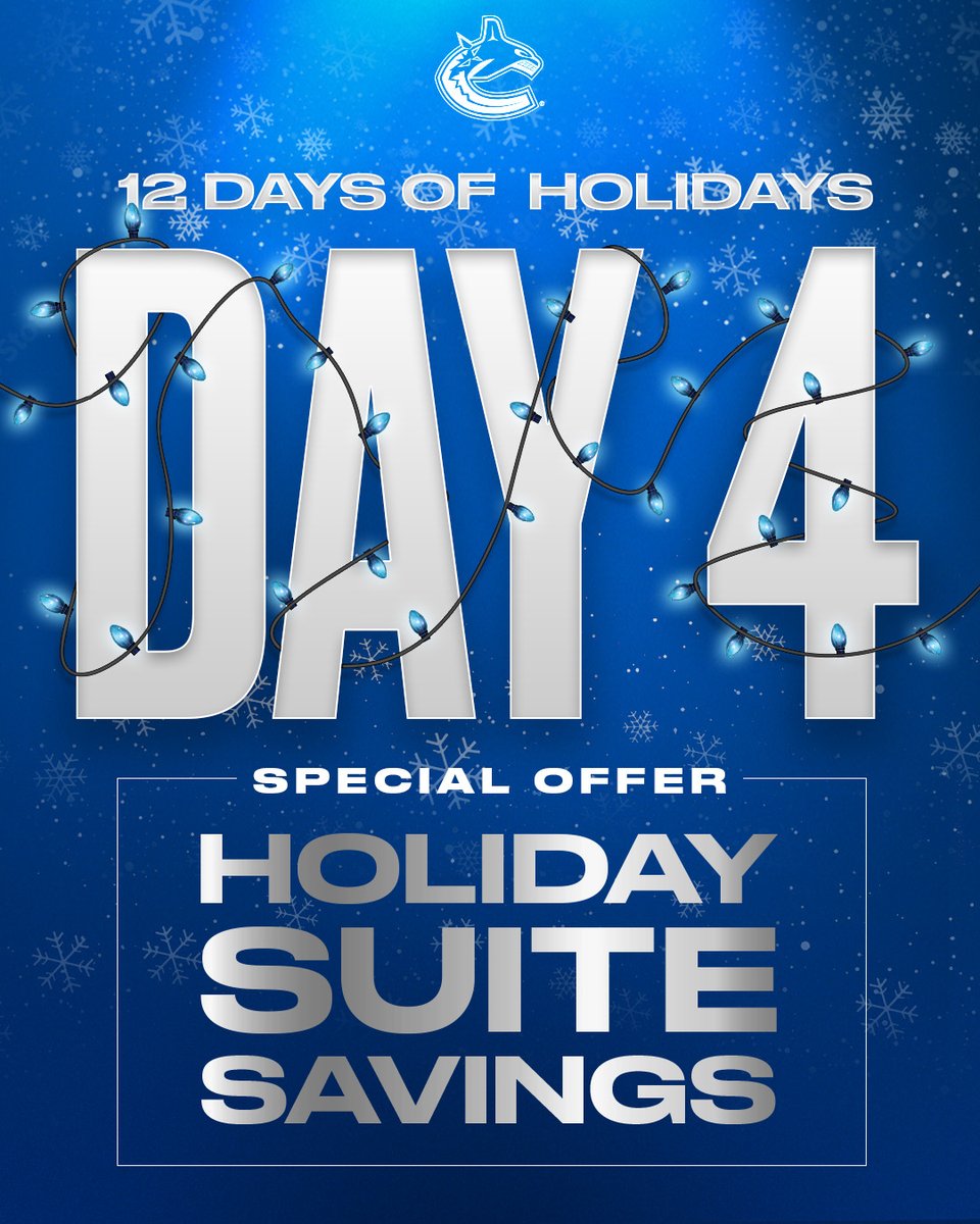 Canucks's tweet photo. Day 4 of #12DaysOfHolidays π
Save on your holiday party by watching the #Canucks in style.
Savings also include a 3L bottle of champagne and a charcuterie board!
EXPLORE NOW | https://t.co/fXJChABkGG https://t.co/TUV9miYcSS