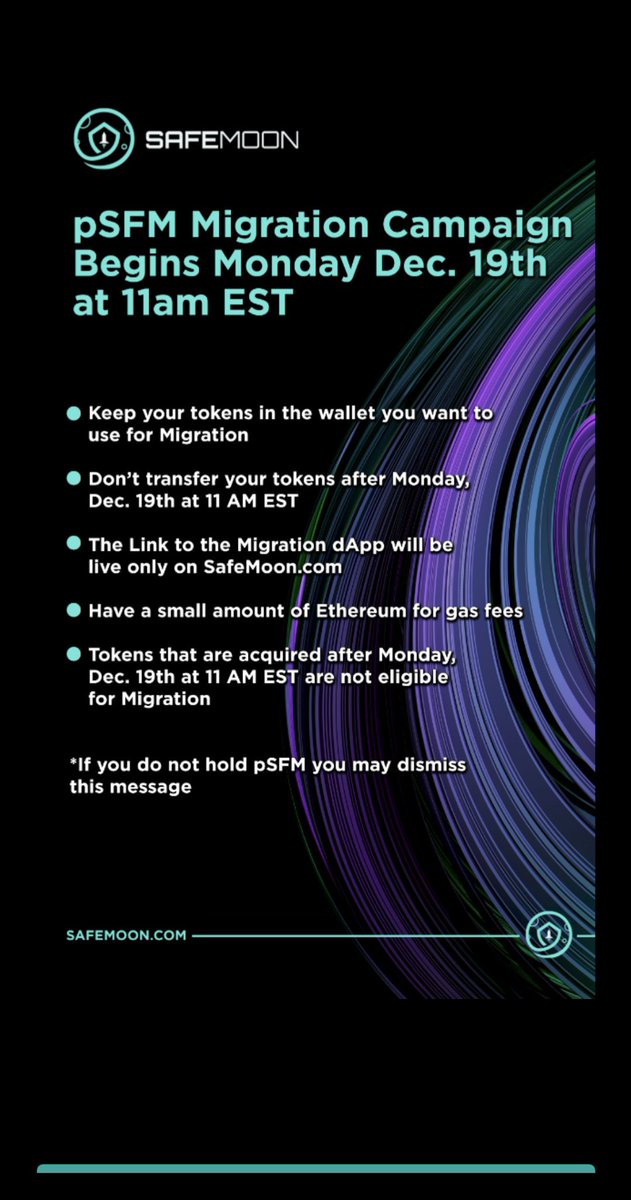 Danology10's tweet image. The #SAFEMOONWALLET has begun notifying users regarding the #pSFM migration!

#SAFEMOON
