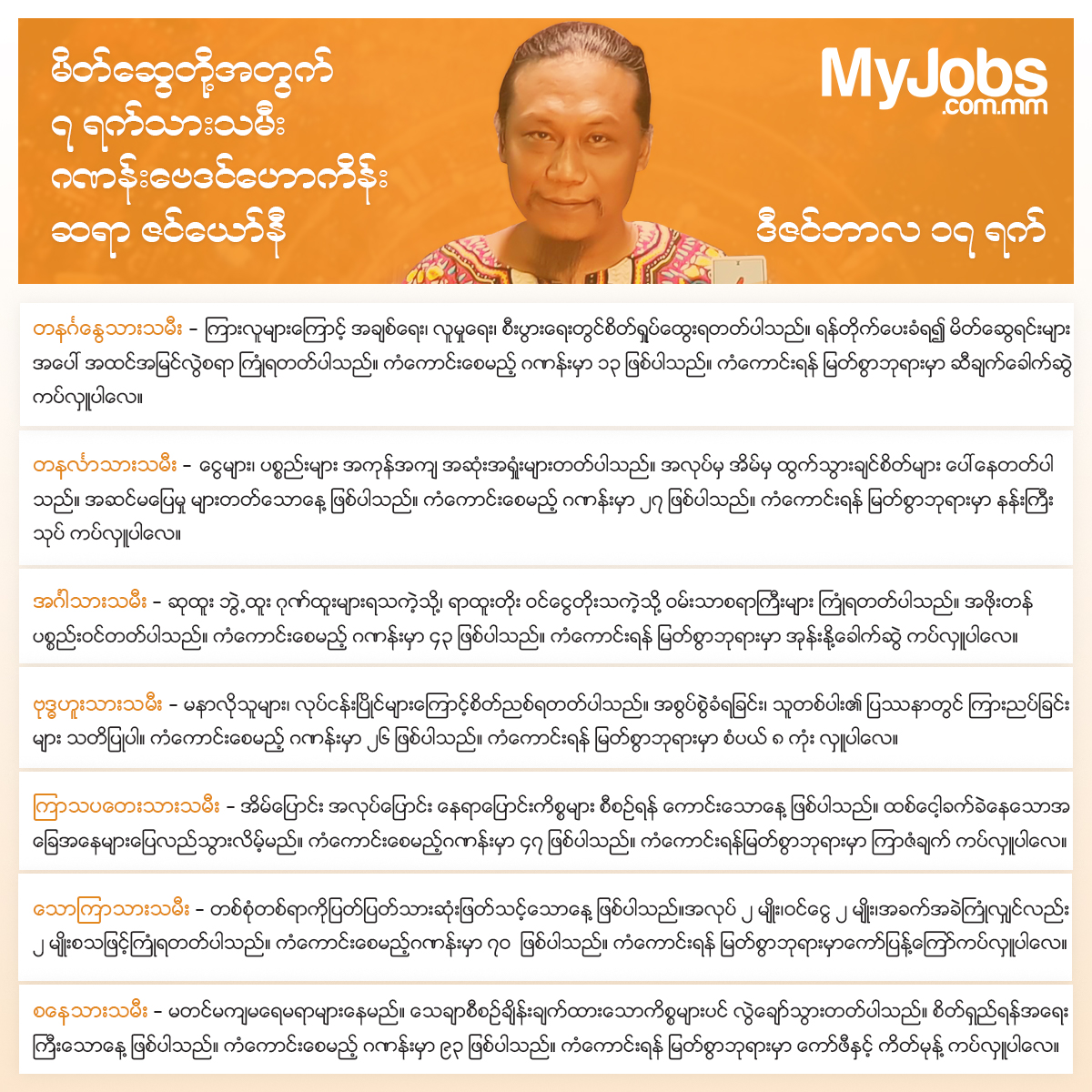 MyJobsMyanmar's tweet photo. ၂၀၂၂ ခုနှစ် ဒီဇင်ဘာလ ၁၇ ရက်နေ့အတွက် ဆရာဇင်ယော်နီဟောကြားထားသော ၇ ရက်သားသမီးများရဲ့ ဆောင်ရန်၊ရှောင်ရန် နှင့် ကံကောင်းခြင်းအတွက် အဆောင်ယတြာများကို MyJobs မှ မိတ်ဆွေတို့အတွက်ဖော်ပြပေးလိုက်ပါတယ်။ https://t.co/PqATUkjGO7