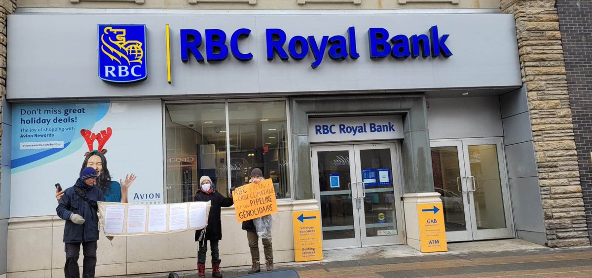 At the Rideau branch, talking to the manager and delivering a letter from the Wet'suwet'en Herditary chiefs.  An RBC manager saying, 'I'm not familiar with this issue' is convenient for RBC. It is our hope that she will read the letter and pass it up. #defundcgl #rbcfundsgenocide