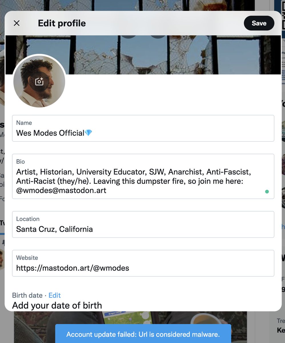On this piece of shit social media platform you can no longer place your #mastodon link in your profile.