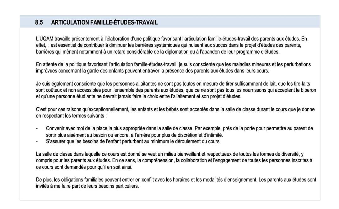 CamilleFRobert's tweet photo. Depuis plus d'1 an, avec des personnes formidables, nous travaillons à l'élaboration d'une politique à l'UQAM pour les parents aux études. En attendant son adoption, nous proposons au personnel enseignant d'ajouter l'encart suivant dans les plans de cours sur une base volontaire. https://t.co/YiFBPnLGuH