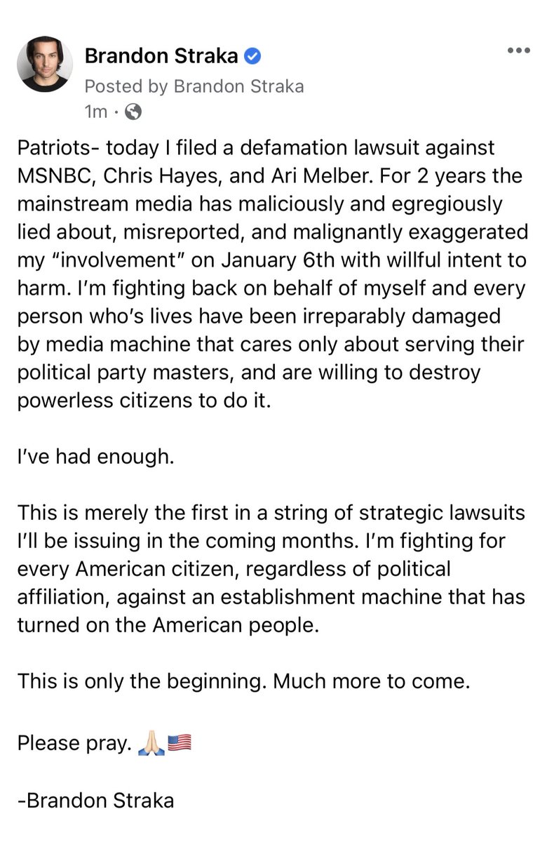BrandonStraka's tweet photo. Today I filed a defamation lawsuit against MSNBC, Chris Hayes, &amp; Ari Melber.

I’m fighting back on behalf of every American who’s lives have been irreparably harmed by the duplicitous mainstream media. 

Plz see statement below &amp; full lawsuit details here: https://t.co/Fo4ZIJMLf4 https://t.co/MloFHElg99