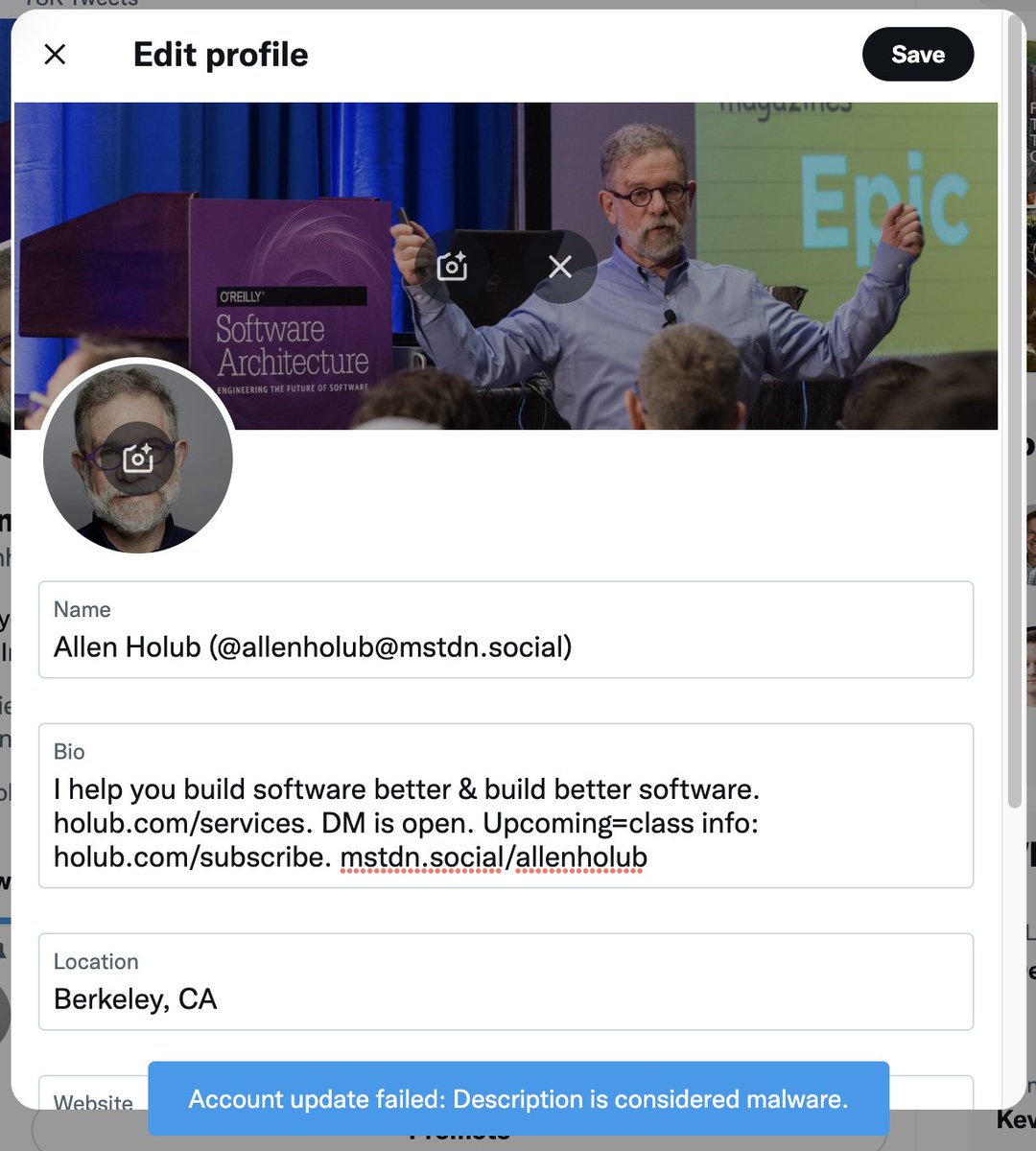 Tried to add my Mastodon handle to my Twitter profile this morning. They now characterize that as "malware" and don't allow it. Free speech in action!