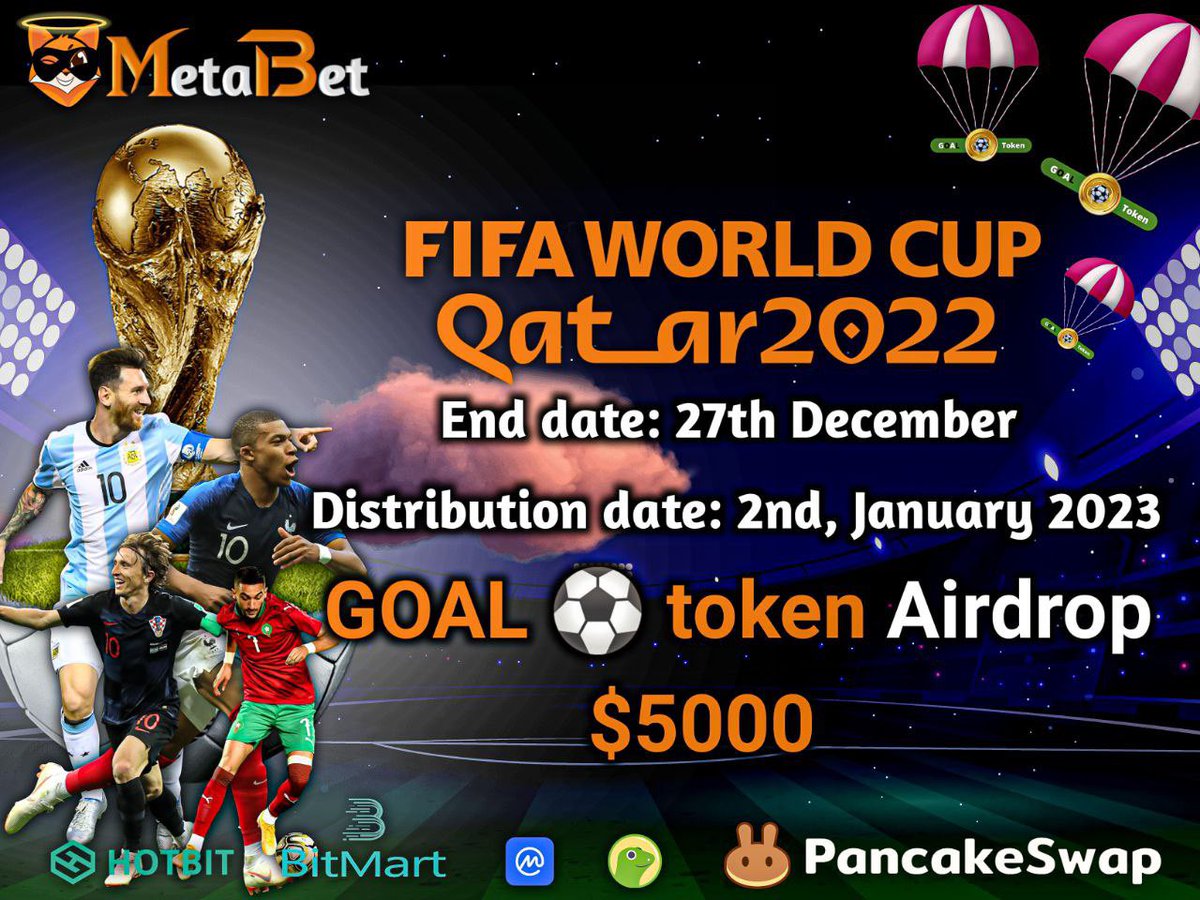 New airdrop: GOAL Token
Reward: $7 GOAL
Referral: $3 GOAL
Market: Listed &amp; Trading on BitMART | HotBit | PancakeSwap
Distribution: 2nd Jan 2022

🔗Airdrop Link: metabetmask.com/airdrops

🔹Complete all airdrop tasks
🔹Submit BSC wallet address 
🔹Only 1000 Random lucky winners