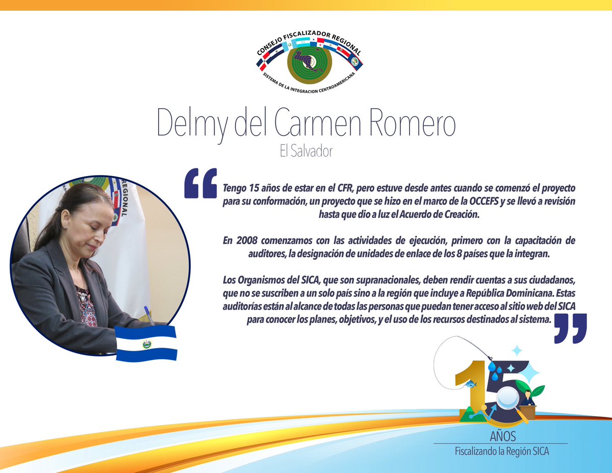 stcfr_sica's tweet photo. 📌#FiscalizandoLaRegiónSICA | Te invitamos a conocer a Delmy del Carmen Romero Arévalo, Miembro de la Secretaría Técnica del #CFRSICA, quien también fue fundadora de la Unidad de Enlace de El Salvador 🇸🇻 @CortedeCuentas
#15AñosCFRSICA https://t.co/rR110tUew8