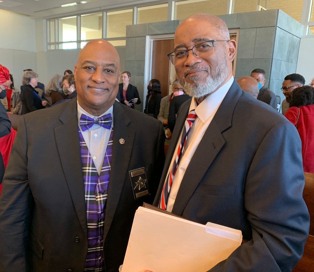 DurhamSheriff's tweet photo. Sheriff @cf_birkhead honors Judge Hudson on his retirement today after 42 years of service to @DurhamCounty. The Senior Resident Superior Court Judge/14th Judicial District also received the Order of the Long Leaf Pine-NC's highest award for state service #OneCommunityOneDurham https://t.co/BsPLLH0LPk