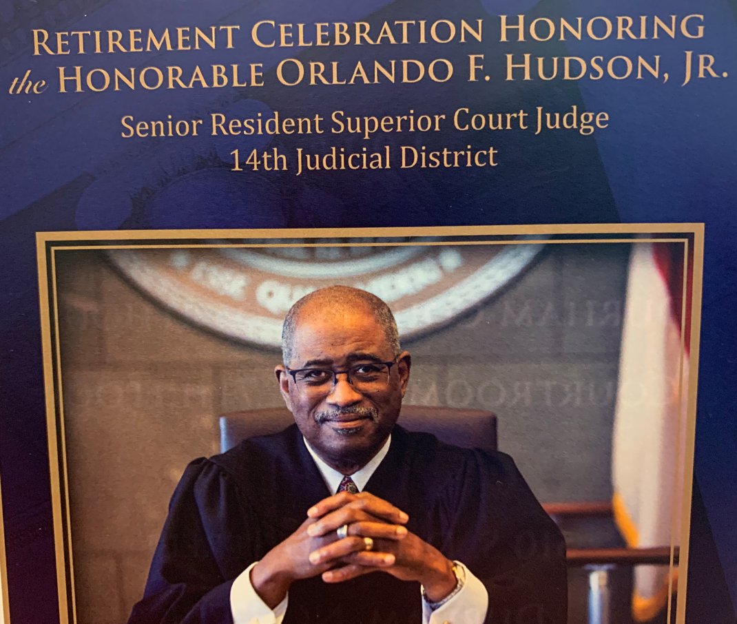 DurhamSheriff's tweet photo. Sheriff @cf_birkhead honors Judge Hudson on his retirement today after 42 years of service to @DurhamCounty. The Senior Resident Superior Court Judge/14th Judicial District also received the Order of the Long Leaf Pine-NC's highest award for state service #OneCommunityOneDurham https://t.co/BsPLLH0LPk