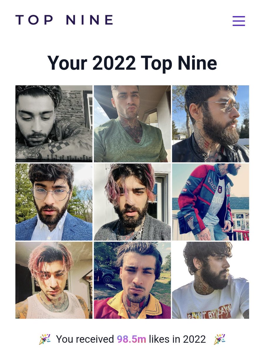 As 9 publicações mais curtidas de Zayn em seu perfil do Instagram no ano de 2022, totalizando +98,5 milhões de curtidas.