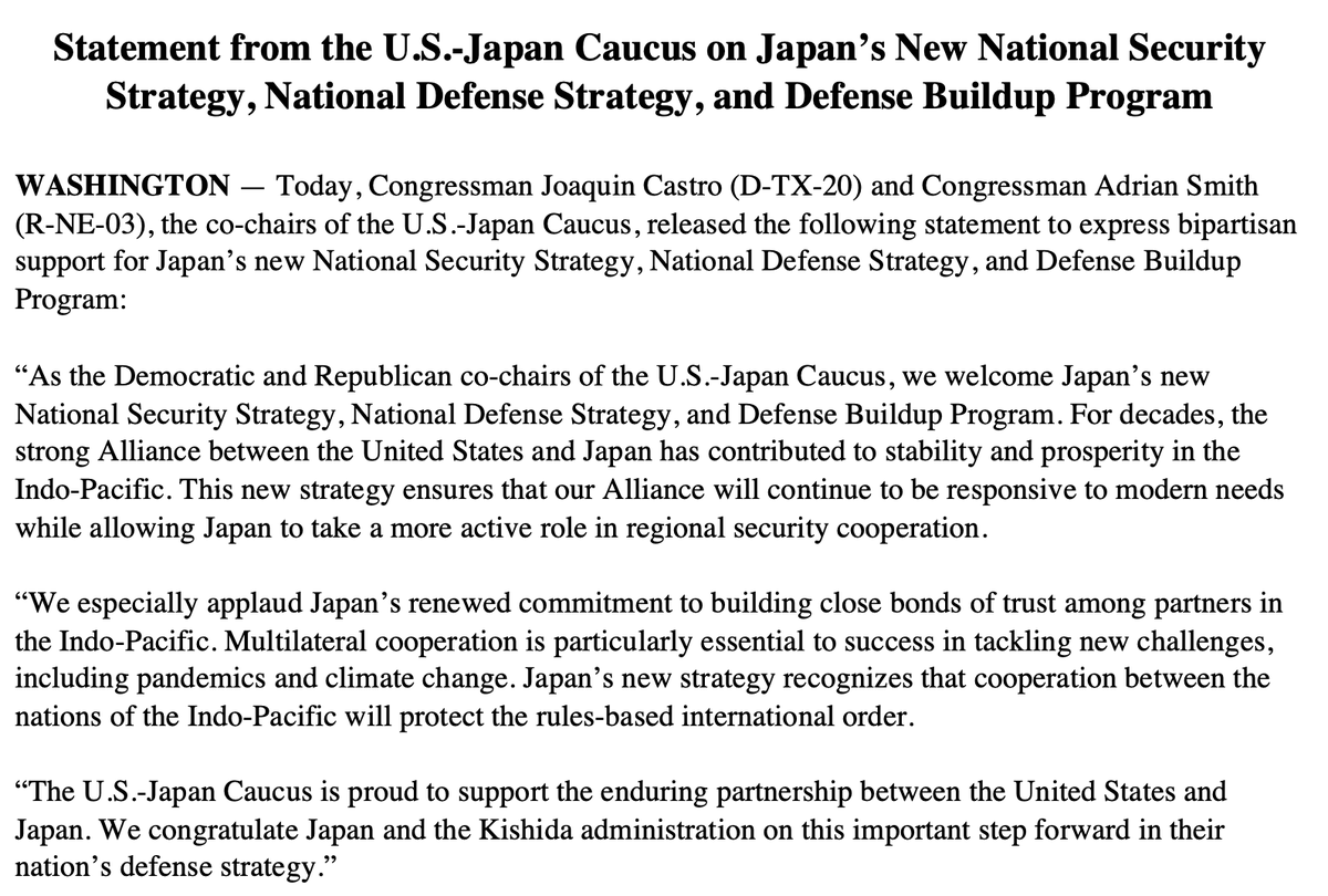 The U.S.-Japan Caucus welcomes Japan’s new National Security Strategy, National Defense Strategy, and Defense Buildup Program. Our full statement from co-chairs @JoaquinCastrotx and @RepAdrianSmith: usjapancaucus-castro.house.gov/media-center/p…