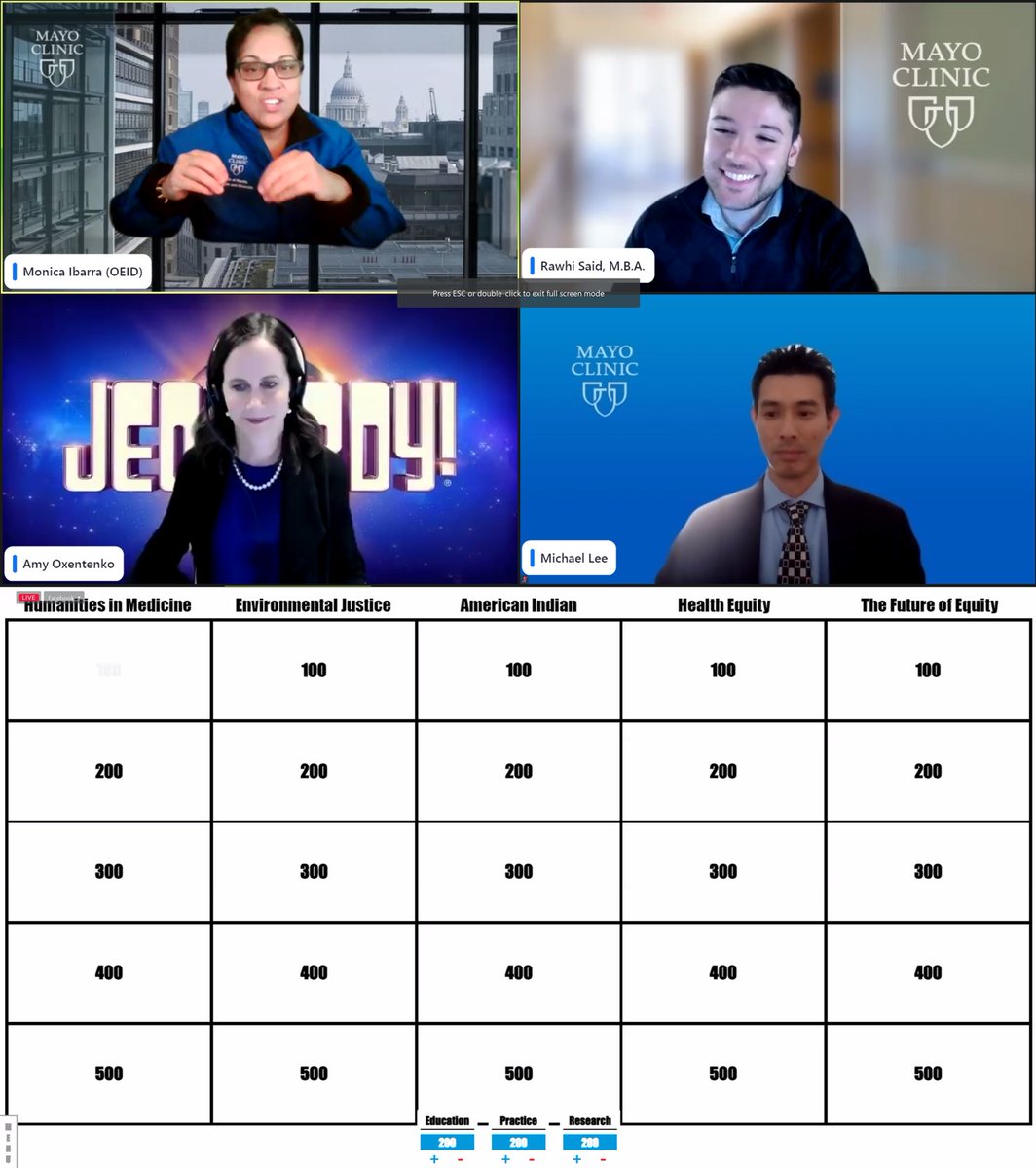 MayoBelonging's tweet photo. This week's #EverybodyIn Conversation closed out 2022 with a little friendly competition between the three shields of #Practice, #Education & #Research.
As representatives, @AmyOxentenkoMD, Rawhi Said, & Michael Lee answered questions in this quiz competition style game! https://t.co/IXcx7mRXPv