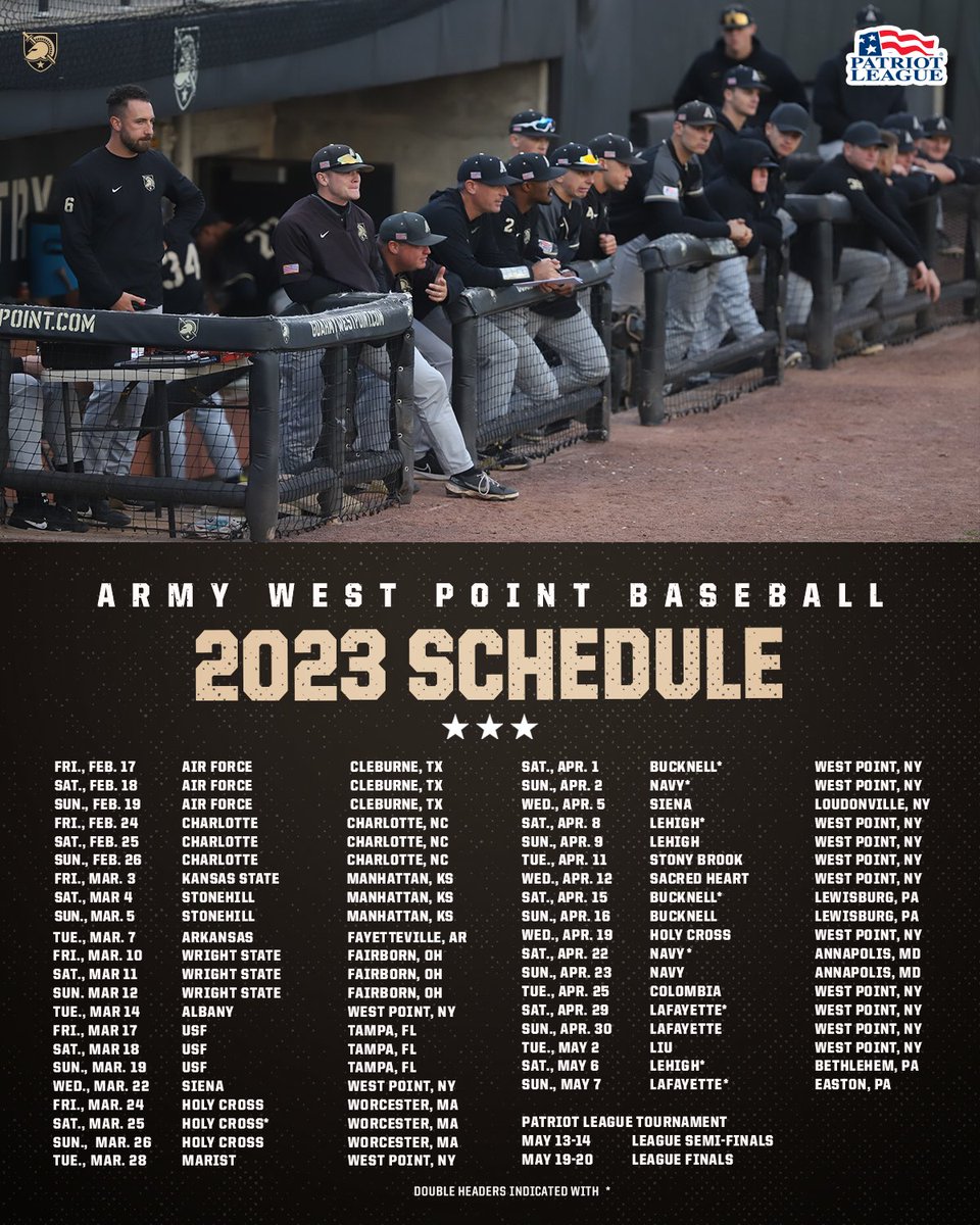 𝐅𝐞𝐛𝐫𝐮𝐚𝐫𝐲 𝐜𝐚𝐧'𝐭 𝐜𝐨𝐦𝐞 𝐬𝐨𝐨𝐧 𝐞𝐧𝐨𝐮𝐠𝐡‼️

Our 2023 schedule is set!⚾️⚔️

📅goarmywestpoint.com/sports/basebal…

#GoArmy