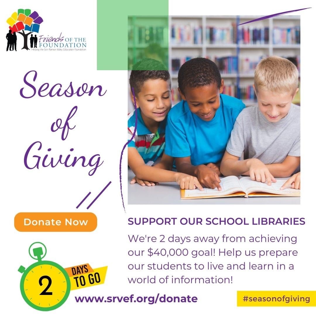 SRVEForg's tweet image. We&apos;re 2 days away from achieving our $40,000 goal!

Help us prepare our students to live and learn in a world of information! During the #seasonofgiving SRVEF is raising funds to help support our school libraries.
Donate today ---&amp;gt; srvef.org/donate

#SRVEFgives #libraries