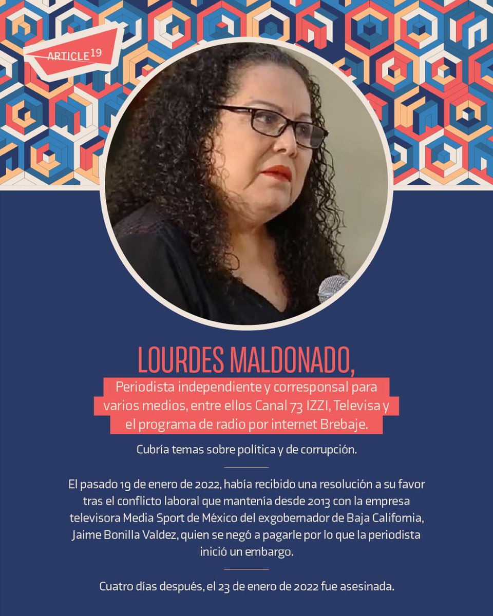 📸 ¿Quién era Lourdes Maldonado?

Lourdes era periodista y cubría principalmente notas de política y corrupción en el estado de #BajaCalifornia.

🕯️ Hoy la recordamos, así como nuestra exigencia por justicia y verdad en su caso:

articulo19.org/article-19-con…

#Anuario2022