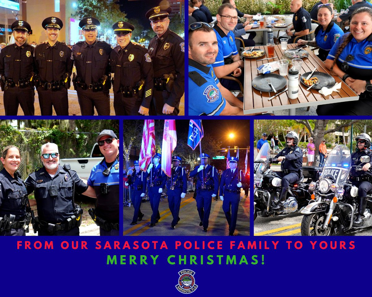 From our family to yours, we wish you a Merry Christmas! 🚔🎄🎁🚔 Our Officers are on patrol, keeping you and your loved ones safe in the @CityOfSarasota.  We're here if you need us.  Stay safe! 🚔🎄🎁🚔 #Sarasota #MerryChristmas #Florida #Police #Christmas #SRQ #SarasotaPD