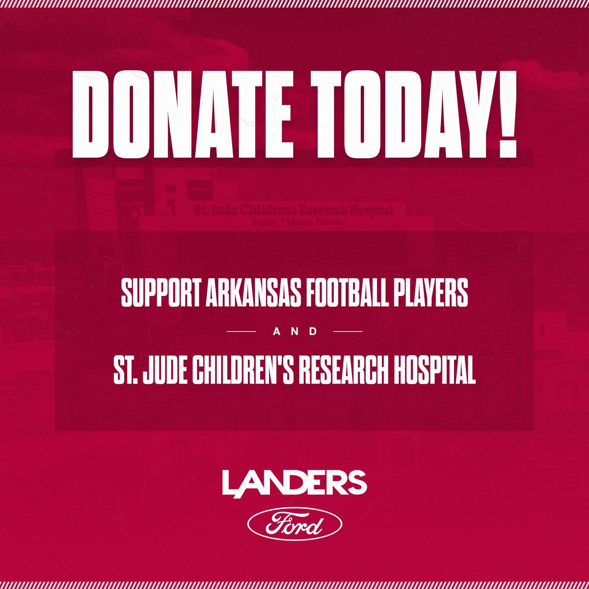 Hog Fans! Memphis is the home of St. Jude Children’s Research Hospital. Link below to donate - half the money raised going to <a href="/StJude/">St. Jude</a> and half to Arkansas Football players supporting this campaign! Special thanks to <a href="/LandersFord/">Landers Ford</a> for the support! bit.ly/supportark