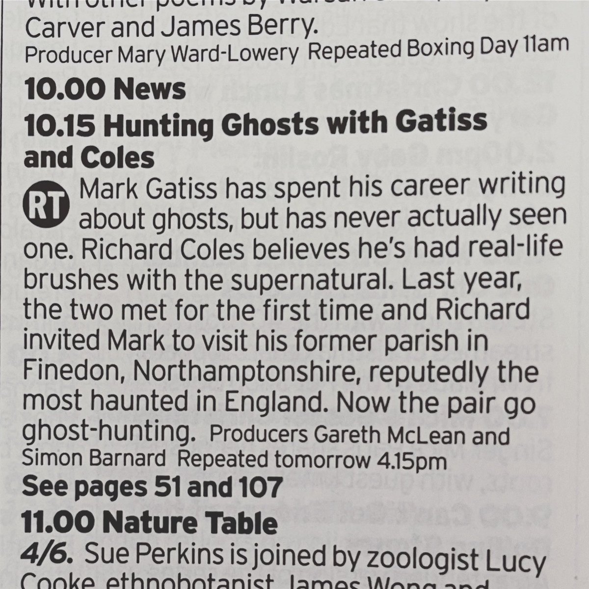 thegarethmclean's tweet photo. I’m a producer now. It says so in the Christmas Radio Times. 
Hunting Ghosts with @Markgatiss and @RevRichardColes, Christmas Eve, 10.15pm, @BBCRadio4.
Repeated Christmas Day, 4.15pm. 
Then @BBCSounds, forever and ever (amen). 
#HuGGR is from those nice people at @Bafflegabble. https://t.co/sP9tRvx2zG