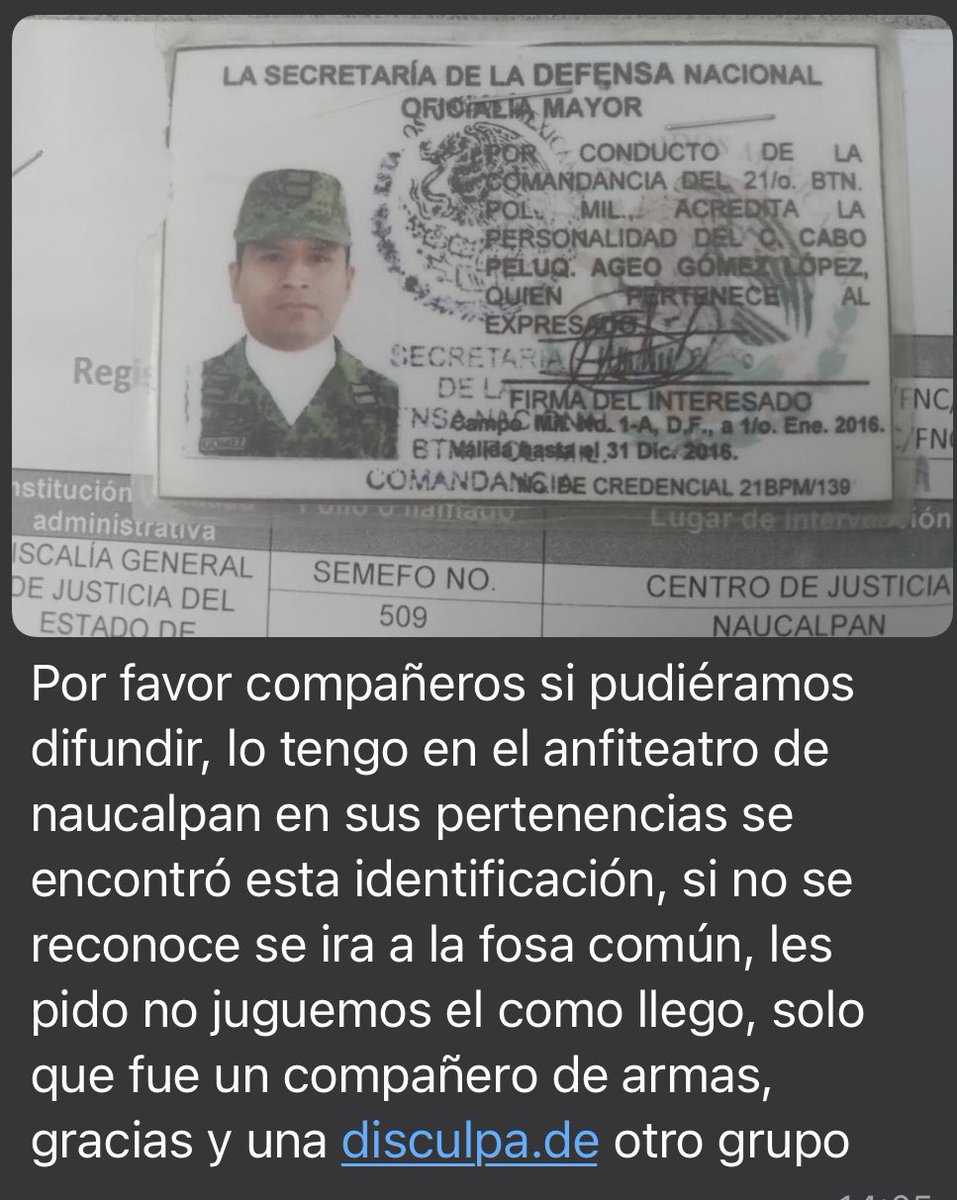 Nos piden competir esta triste noticia. Se encuentra en el anfiteatro del Centro de Justicia de #Naucalpan el Cabo Ageo Gómez López. Están buscando a sus familiares para que puedan reclamar el cuerpo. Por favor dar RT y de las cuentas que tienen muchos seguidores puedan apoyar.