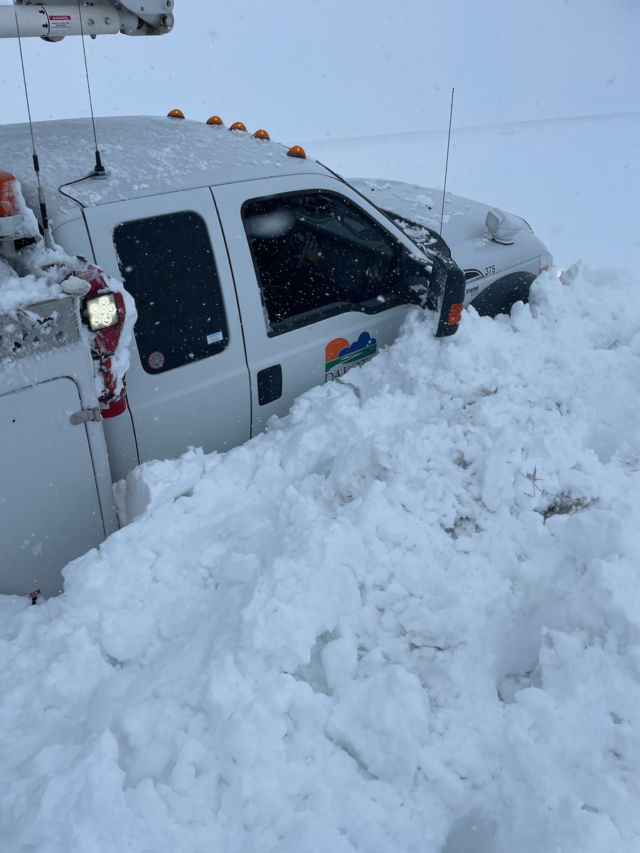 DakValElectric's tweet photo. All accounts, except one NE of Oakes, have been restored.  
The conditions have not been favorable to quick restoral times.  
These pictures are just a bit of what our crews were dealing with out there.  
Big shout out to all the consumers who helped pull our crews out! https://t.co/LlPo3Eerzz
