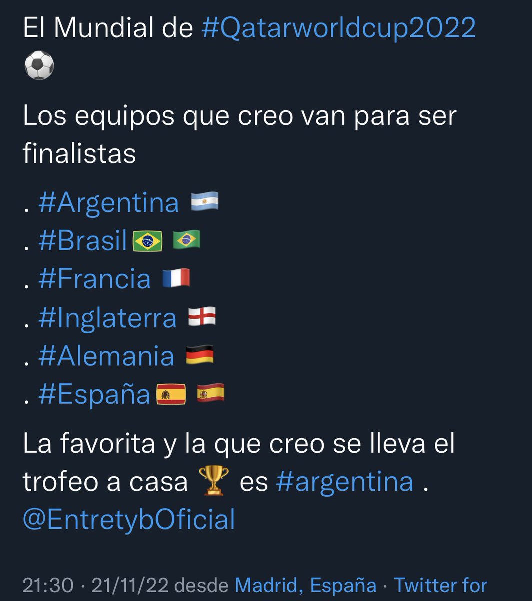 voleigo's tweet photo. El 21 de noviembre ponía a los que podían estar en la final, y bueno están #argentina 🇦🇷 y #Francia 🇫🇷 ⚽️ el que puse que puede llevarse la Copa del Mundo es la selección albiceleste será? 🏆 #Qatar2022 #FranciaVsArgentina. https://t.co/F8R6jFqfif