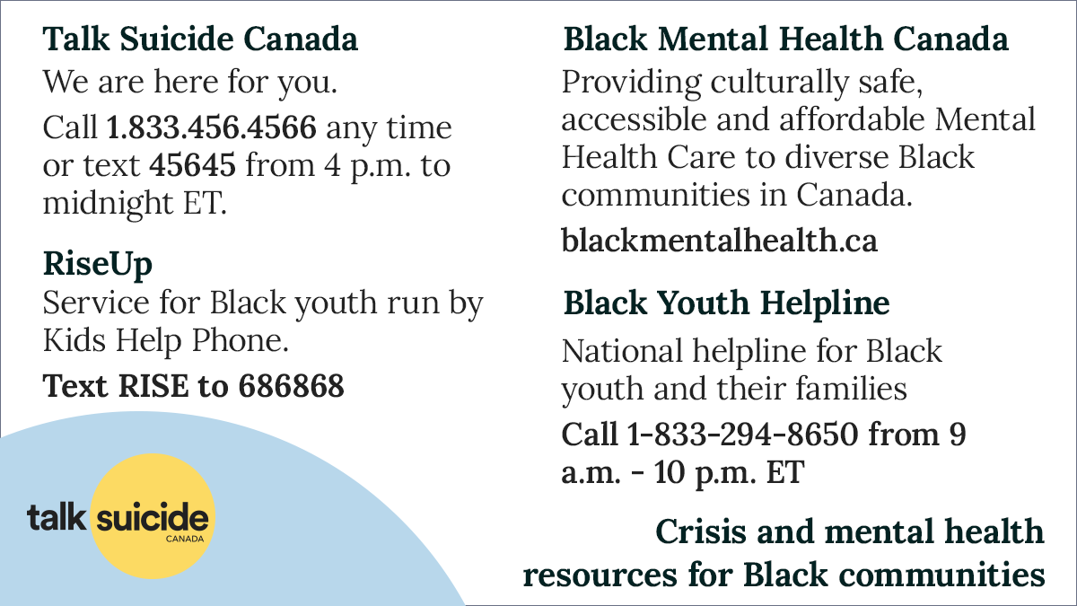 988Canada's tweet photo. Following this week’s sad news about the death of Stephen ‘tWitch’ Boss, we’re sharing some crisis resources for Black communities. Remember, you can always reach out to us at 1.833.456.4566 if you’re struggling. We’re here to listen 24/7. https://t.co/LZpebBjGOY