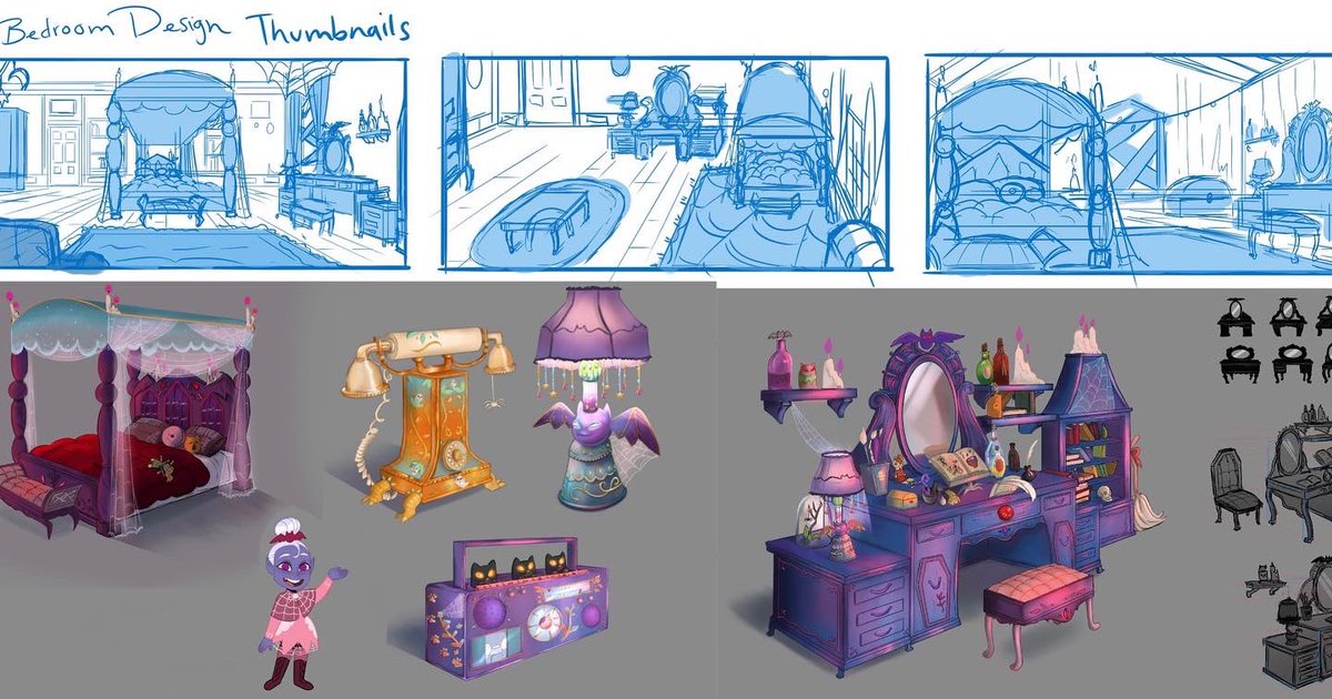 Ashleycherry93's tweet photo. One of my background layouts for my Vis Dev class and based the style off the ghost and Molly McGee 🥲💖 I used my props to design the bedroom.  #art #illustration #mollymcgee #procreate #digitalart #ipadpro #visualdevelopment #backgroundlayout #propdesign #background #photoshop https://t.co/SJCddddi6B