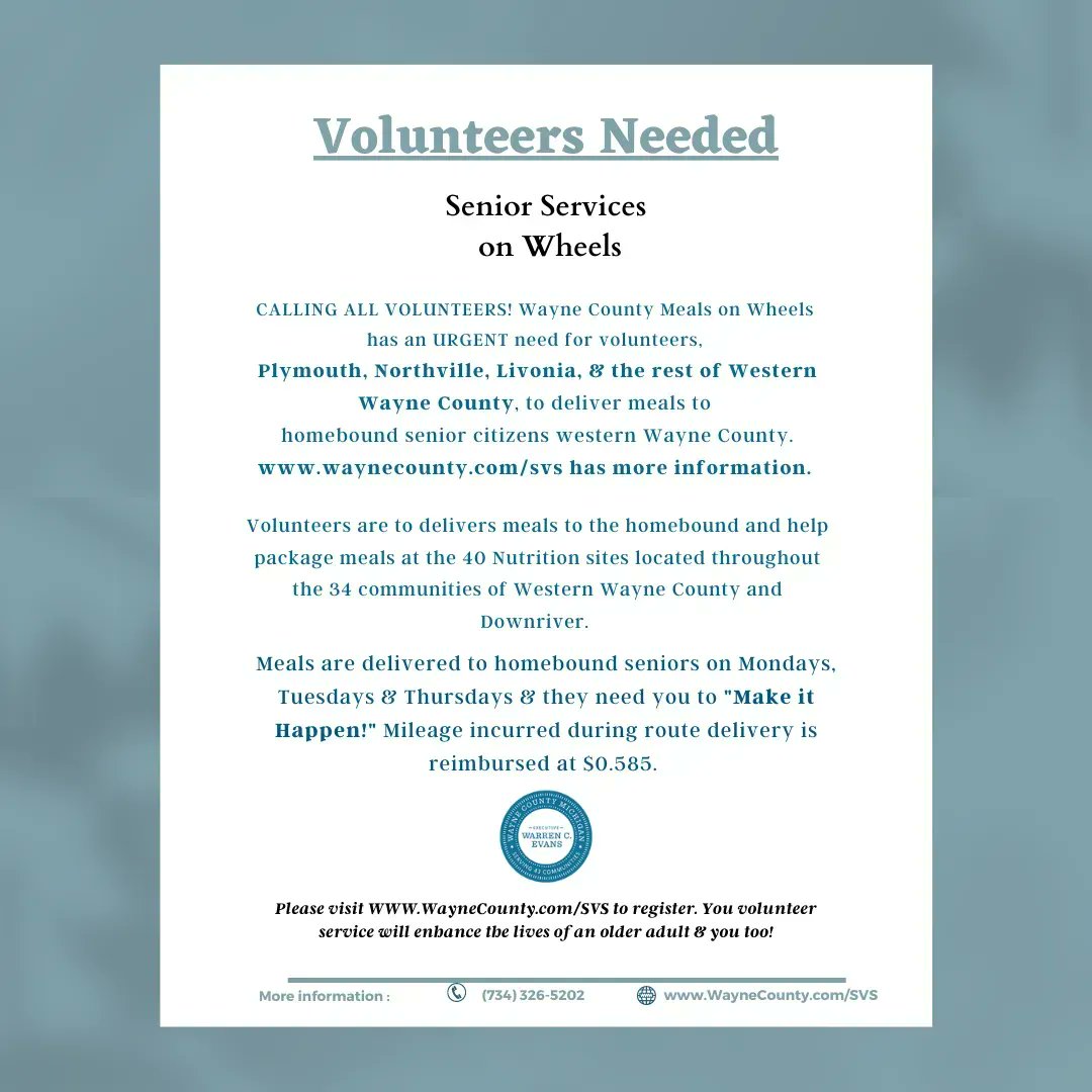 If you are looking for a volunteer opportunity, #MealsonWheels is still looking! Click here ➡️ buff.ly/3XdZxfo for more information. Senior Services are looking for people to deliver meals to people in the Plymouth, Northville, Livonia, &amp; the rest of Western Wayne County.
