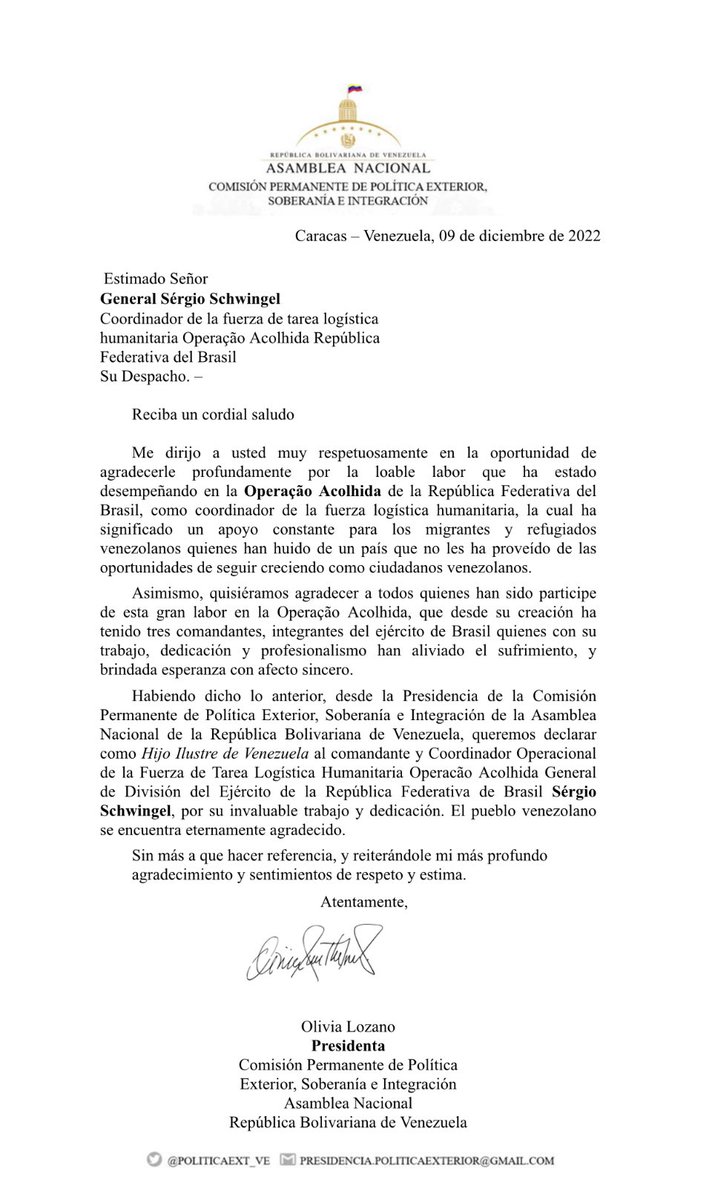 Desde Presidencia de <a href="/POLITICAEXT_VE/">Comisión de Política Exterior Asamblea Nacional</a> de la  <a href="/AsambleaVE/">Asamblea Nacional</a>, hicimos llegar a través de nuestra Embajadora <a href="/matebe/">Maria Teresa Belandria</a>, nuestro agradecimiento al Comdte. de la <a href="/OpAcolhida/">Operação Acolhida</a>, General Schwingel, por liderar la mayor operación de asistencia humanitaria a los migrantes venezolanos en #Brasil