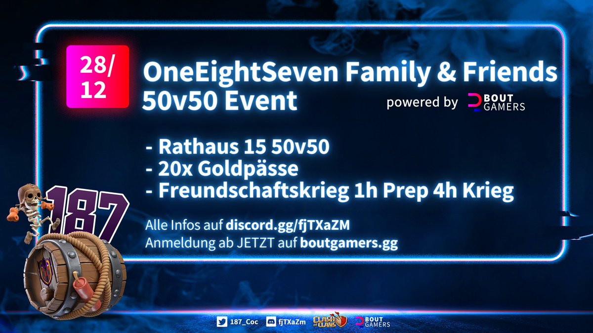 OneEightSeven (@187_coc) on Twitter photo Geschenke 🎁? Gibt es nicht nur an Weihnachten, sondern auch noch danach bei uns!
Melde Dich jetzt auf boutgamers.gg/tournaments/oe… für unser
🏆OES F&F 50v50 Event x <a href="/boutgamers_gg/">boutgamers.gg</a> 🏆
an und schnapp dir einen von 20 Goldpässen!
Alle Infos auf discord.gg/fjTXaZm Geschenke 🎁? Gibt es nicht nur an Weihnachten, sondern auch noch danach bei uns!
Melde Dich jetzt auf boutgamers.gg/tournaments/oe… für unser
🏆OES F&F 50v50 Event x <a href="/boutgamers_gg/">boutgamers.gg</a> 🏆
an und schnapp dir einen von 20 Goldpässen!
Alle Infos auf discord.gg/fjTXaZm