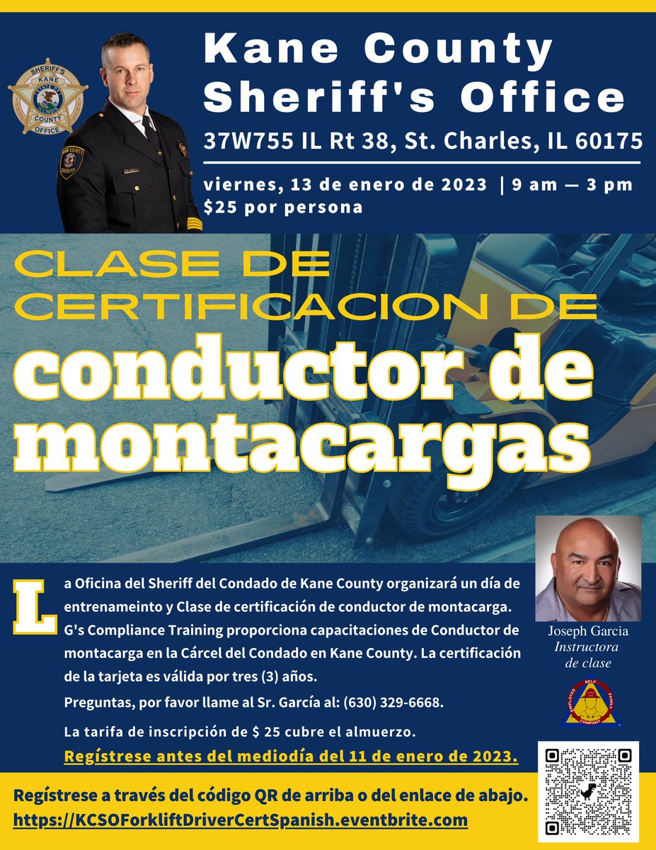 Únase a la Oficina del Sheriff del condado de Kane para una clase de certificación de conductor de montacargas de un (1) día. La Cuota de Inscripción de $25 cubre el almuerzo. Regístrese antes del MEDIODÍA del 11 de enero de 2023. …kliftDriverCertSpanish.eventbrite.com