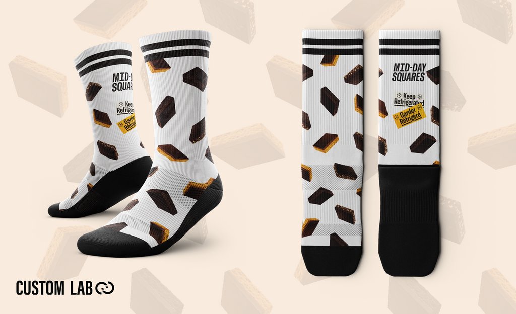 :eyes: Hi-di-ho <a href="/MidDaySquares/">Mid-Day Squares</a>! Have a look at these fun custom socks we designed just for you. 👇🏻