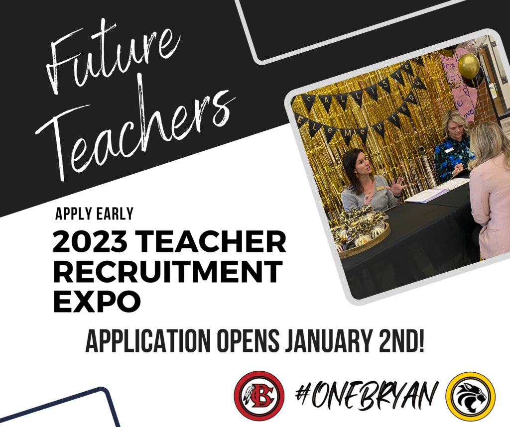 Bryan County Schools will be hosting the 2023 Teacher Recruitment Expo on February 22, 2023. The application opens January 2, 2023 and can be found using the following link: bryanctyga.tedk12.com/hire/index.aspx. 

APPLY EARLY TO RESERVE YOUR SPOT!