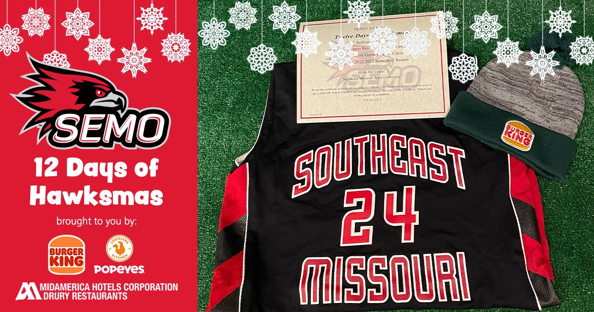 SEMORedhawks's tweet photo. On the tenth day of 'Hawksmas...

RETWEET for a chance to win this SEMO Basketball Pack including a pack of 4 SEMO Basketball tickets to a game of your choice, a SEMO Basketball jersey, and a @BurgerKing beanie! Entries accepted through Dec. 25. https://t.co/u2XsuHsOiT