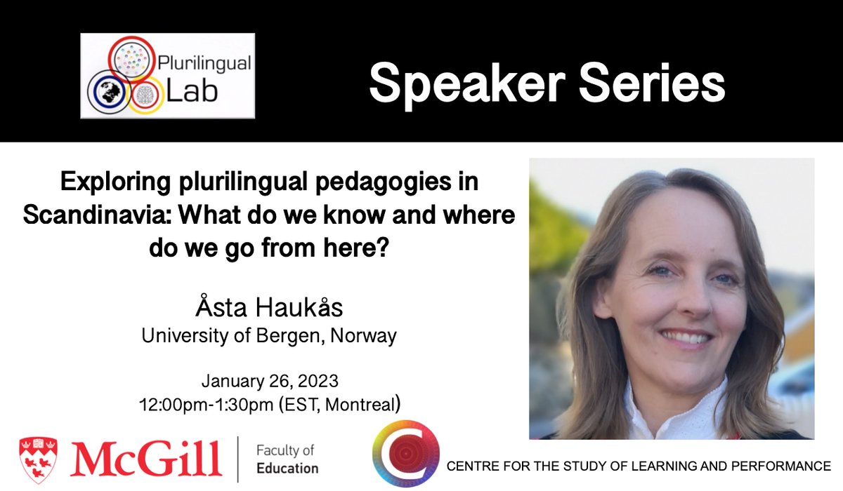 Plurilingual Lab (@plurilinguallab) on Twitter photo You’re kindly invited to our next <a href="/PlurilingualLab/">Plurilingual Lab</a> Speaker Series talk "Exploring plurilingual pedagogies in Scandinavia" with Dr. <a href="/asta_haukas/">Åsta Haukås</a> of the University of University of Bergen, Norway.
January 26, 12-1:30pm (EST) via Zoom💻
Free registration⬇️
bit.ly/3PvFHcd You’re kindly invited to our next <a href="/PlurilingualLab/">Plurilingual Lab</a> Speaker Series talk "Exploring plurilingual pedagogies in Scandinavia" with Dr. <a href="/asta_haukas/">Åsta Haukås</a> of the University of University of Bergen, Norway.
January 26, 12-1:30pm (EST) via Zoom💻
Free registration⬇️
bit.ly/3PvFHcd