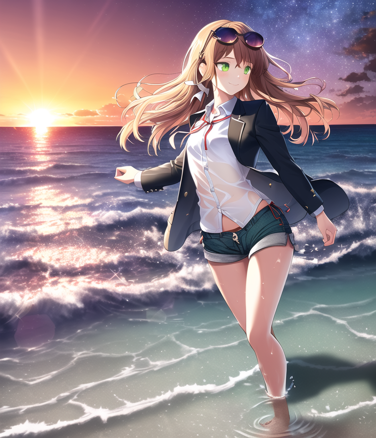 HashigoRh's tweet photo. Monika just at the beach
#DDLC 
#Monika 
#AIイラスト https://t.co/OeZS4nu4PI
