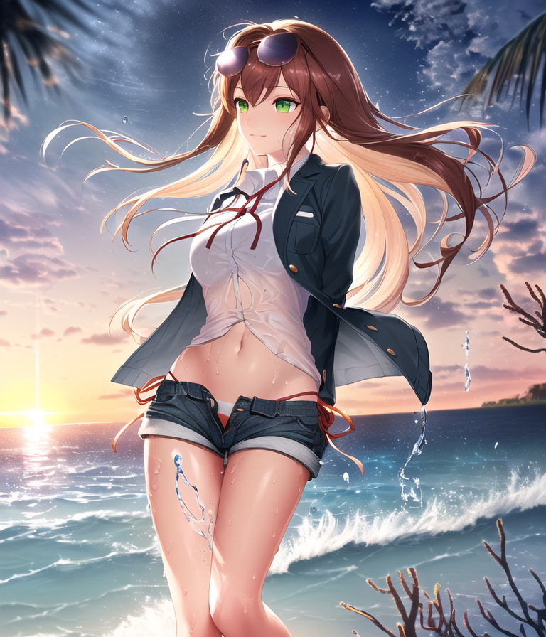 HashigoRh's tweet photo. Monika just at the beach
#DDLC 
#Monika 
#AIイラスト https://t.co/OeZS4nu4PI