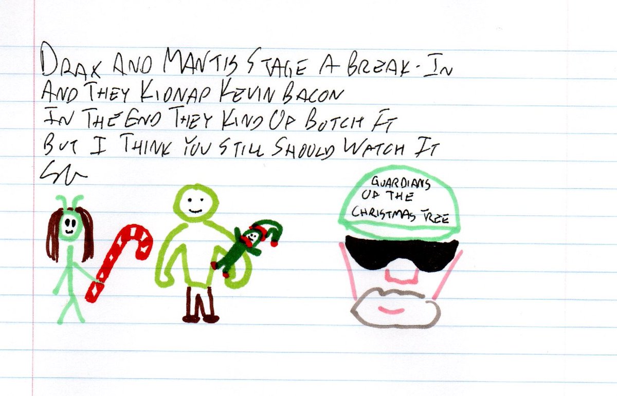 StickPersonPoet's tweet photo. https://t.co/fvsQZBzqtX

221216
Guardians of the Christmas Tree

Drax and Mantis stage a break-in
And they kidnap Kevin Bacon
In the end they kind of botch it
But I think you still should watch it https://t.co/DUyey4omPA