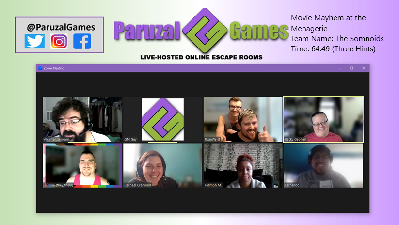 The Somnoids managed to escape the Menagerie with the Golden Reel! Great Job!

#EscapeRoom #EscapeGame #FamilyFun #TeamWorkFromHome #PlayAtHome #RemoteDateNight #DifferentEntertainment #ParuzalGames