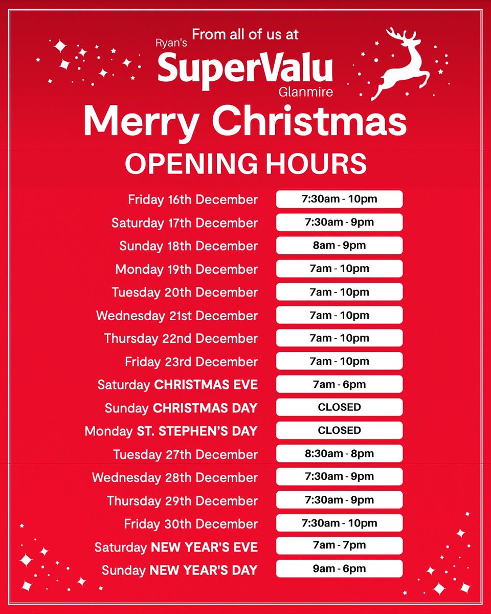 📸 SCREENSHOT THESE!!! 📸 Please note our opening hours for our CORK stores over the Christmas period 🥰 #RyansSuperValuTogher #RyansSuperValuGrange #RyansSuperValuGlanmire @SuperValuIRL