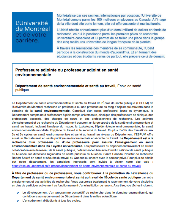 Marc-André Verner (@ma_verner) on Twitter photo Un poste de professeur adjoint est ouvert au Département de santé environnementale et santé au travail de l'École de santé publique de l'Université de Montréal. À qui la chance?
<a href="/ESPUM_UdeM/">École de santé publique de l'UdeM</a> <a href="/cresp_sante/">CReSP - Centre de recherche en santé publique</a> <a href="/UMontreal/">Université de Montréal</a>
bit.ly/3FZvVvS Un poste de professeur adjoint est ouvert au Département de santé environnementale et santé au travail de l'École de santé publique de l'Université de Montréal. À qui la chance?
<a href="/ESPUM_UdeM/">École de santé publique de l'UdeM</a> <a href="/cresp_sante/">CReSP - Centre de recherche en santé publique</a> <a href="/UMontreal/">Université de Montréal</a>
bit.ly/3FZvVvS