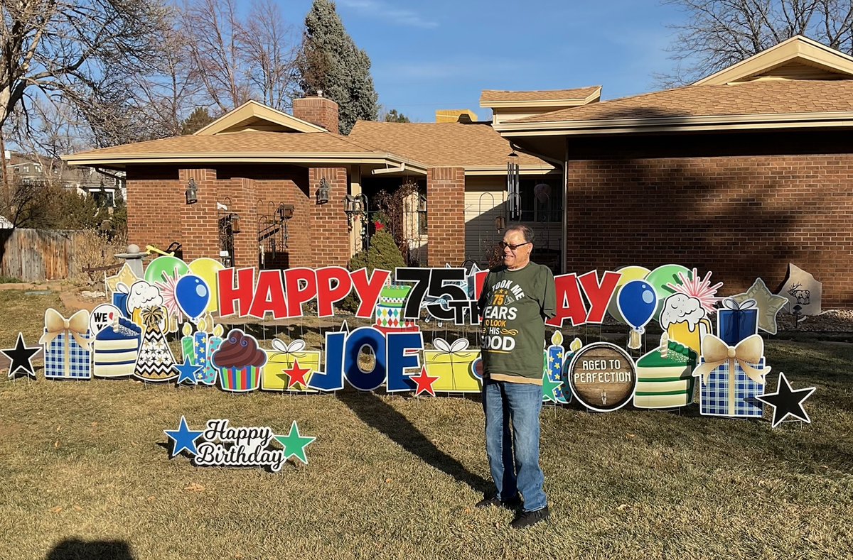 SGFoothills's tweet photo. Happy 75th Birthday to Joe! So glad he loved his surprise! Cheers to many more! @sgfoothills has you covered book your special sign today! #signgypsiesfoothills #sgfoothills #readysetcelebrate #signgypsiesarehere #happybirthday #signs #celebrate #surprise #customyardsigns https://t.co/XoQDXsR6aC