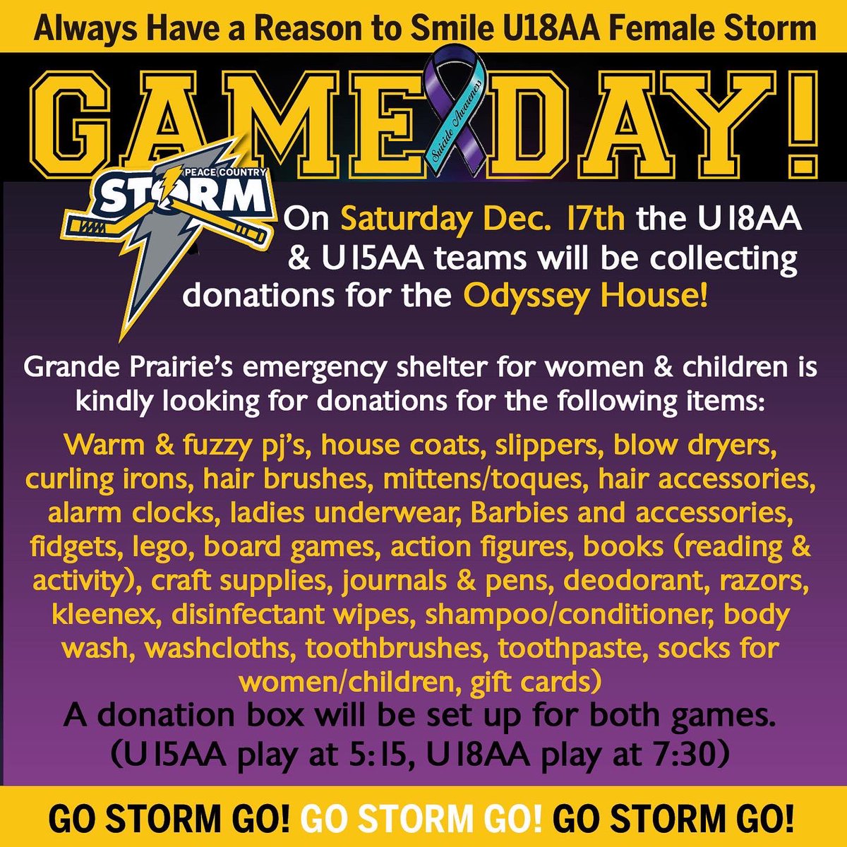 The U18AA PFAC girls will have a busy weekend coming up, with 3 home games! First up is tonight’s game vs Airdrie at the Crosslink Sportsplex 
For tomorrow night’s game vs the Edmonton Pandas at the Coke, we are encouraging everyone to bring a donation for the Odyssey House!