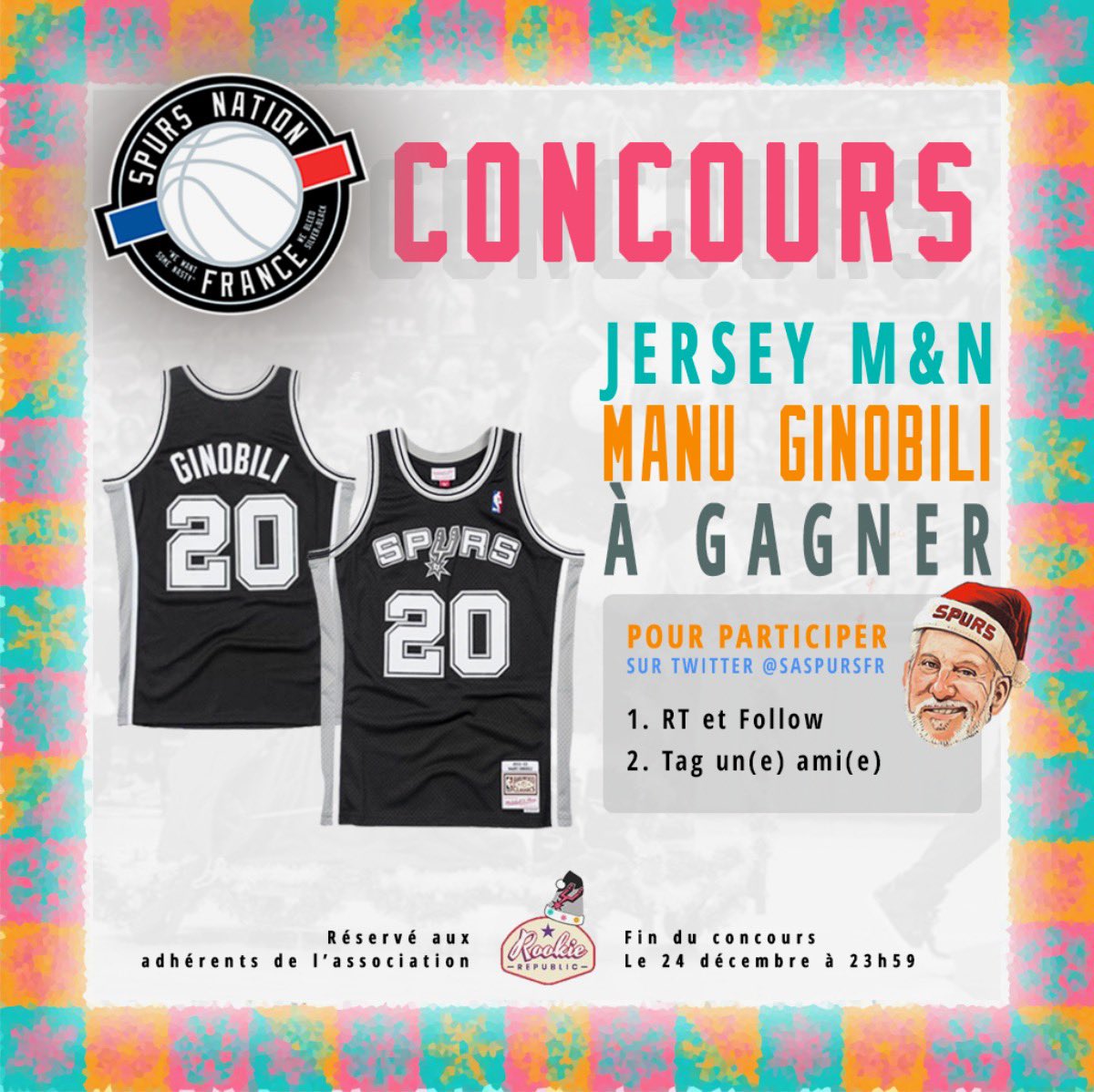 SASpursFr's tweet photo. ⚠️ Concours SNF de Noël ⚠️ follow nous bien entendu, RT ce tweet et tague un ami Spurs fan ci-dessous et enfin sois bien sage jusqu’au 24 décembre 23:59 pour tenter de gagner ce superbe jersey de @manuginobili en partenariat avec @Rookie_Republic ! Joyeux noël! #porvida https://t.co/rnr6yzK7JX