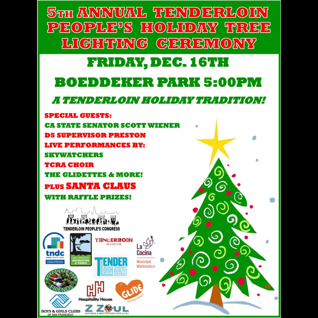 TLMuseumSF's tweet photo. Holiday cheer is ringing through the neighborhood! Whether you've been naughty or nice, everyone is welcome to celebrate tonight at Boeddeker Park for the 5th Annual Tenderloin People’s Holiday Tree Lighting. Festivities begin at 5pm & ft standout #SoundsoftheTL talent: DOTCOM! https://t.co/5EX06OnCDr