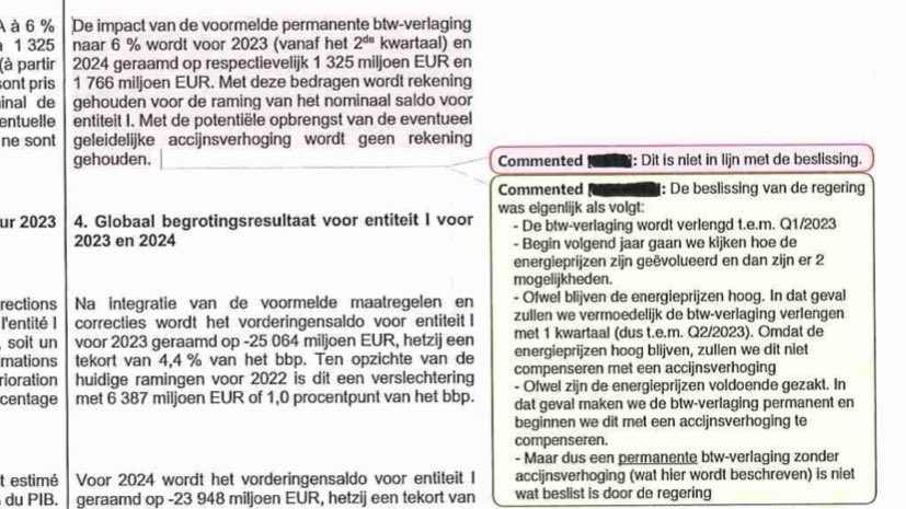 FMennes's tweet photo. @epironet Op pagina 9 van het Word document staat toch als commentaar van het kabinet De Croo dat de tekst over de impact van de permanente BTW-verlaging niet overeenkomt met wat werd beslist door de regering, niet?
Zie figuur: https://t.co/ew6T1sGBGj