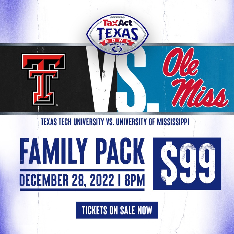 TexasBowl's tweet photo. Bring the fam to NRG Stadium! 

Get 4 🎟️, 4 🥤 and 4 🌭 for just $99 with the Family Pack!