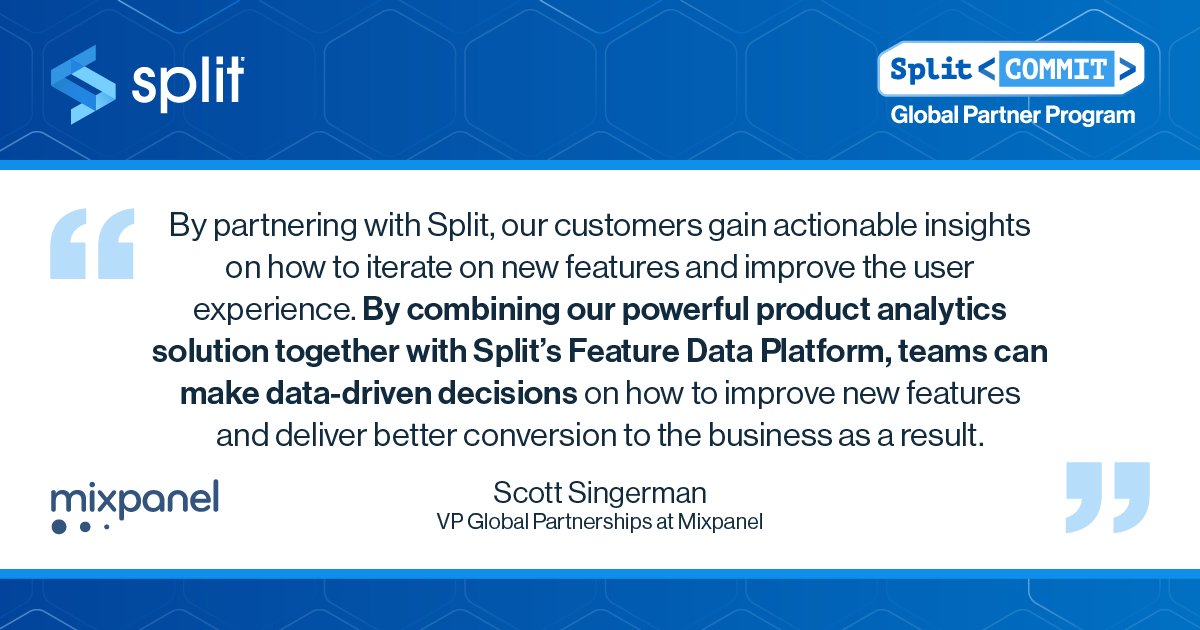 SplitSoftware's tweet image. Split Commit partner program includes @mixpanel + Split! Used together, teams can make powerful data-driven decisions 💡 

Read more about our incredible partners: split.io/partners/

#splitcommit #splitsoftware #devops #developercommunity #dataanalytics