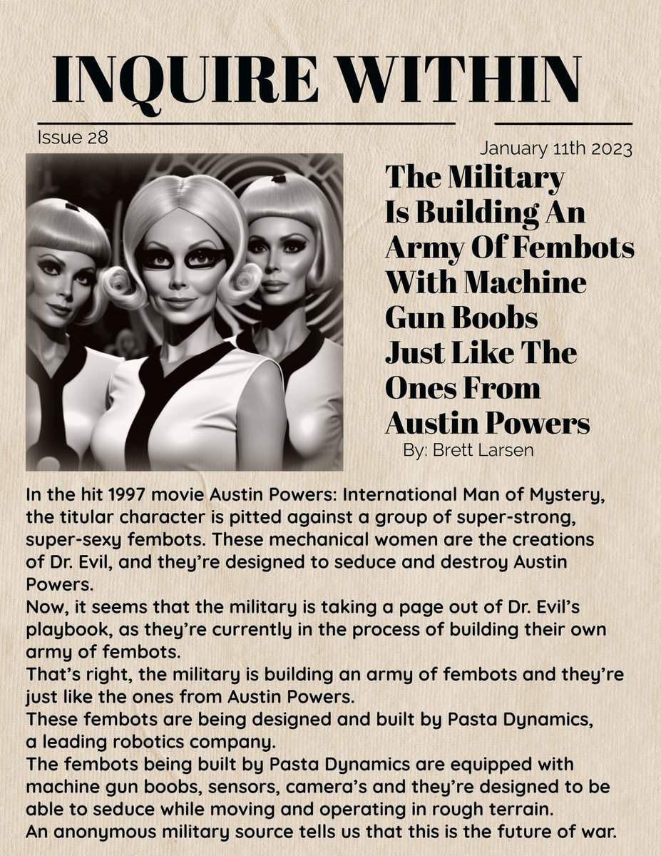 inquireofficial's tweet photo. BREAKING NEWS: The Military Is Building An Army Of Fembots With Machine Gun Boobs Just Like The Ones From Austin Powers! #breakingnews #news #newsupdate #fembots #austinpowers #military #advancedweaponry #conspiracy #conspiracytheory #conspiracytheories #inquirewithin #f2b https://t.co/7NVjKldsKi