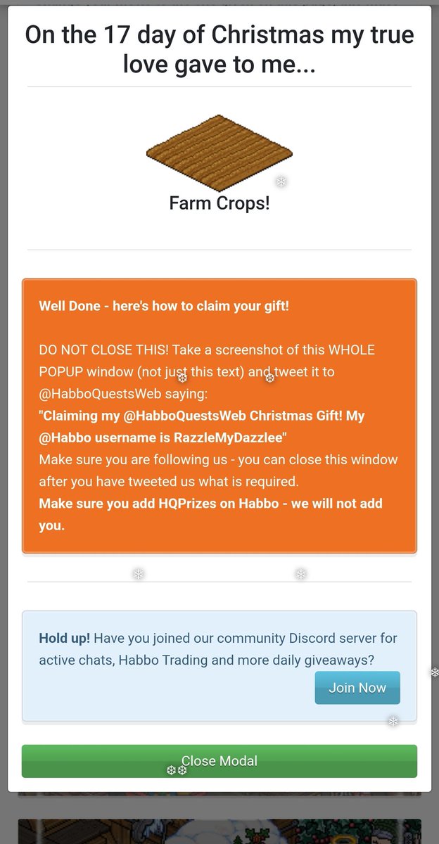 Claiming my <a href="/HabboQuestsWeb/">HabboQuests.co</a> Christmas Gift! My 
<a href="/Habbo/">Habbo</a> username is RazzleMyDazzlee